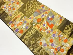 色紙に扇・鴛鴦模様織出し袋帯